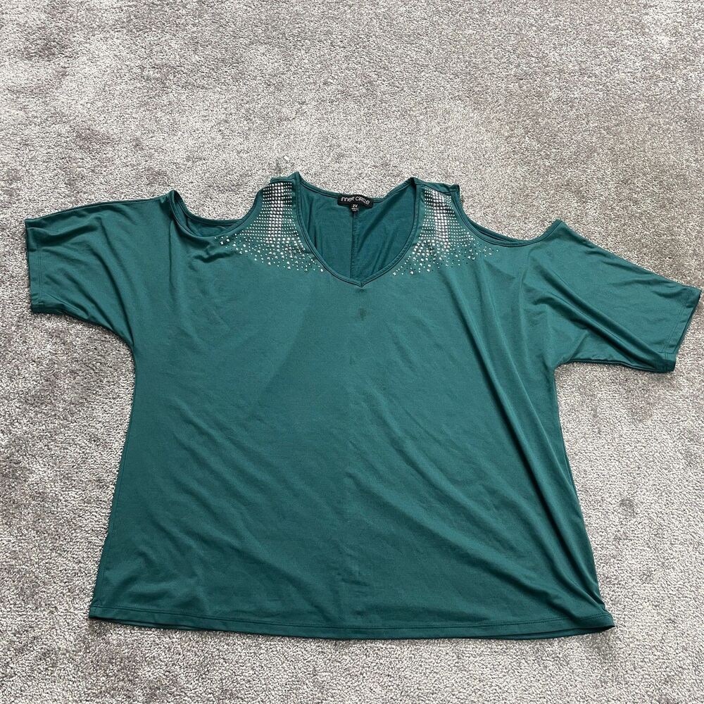Inner Circle Blouse Shirt Womens Plus 2X Teal Stretch Cold Shoulder Studded Top